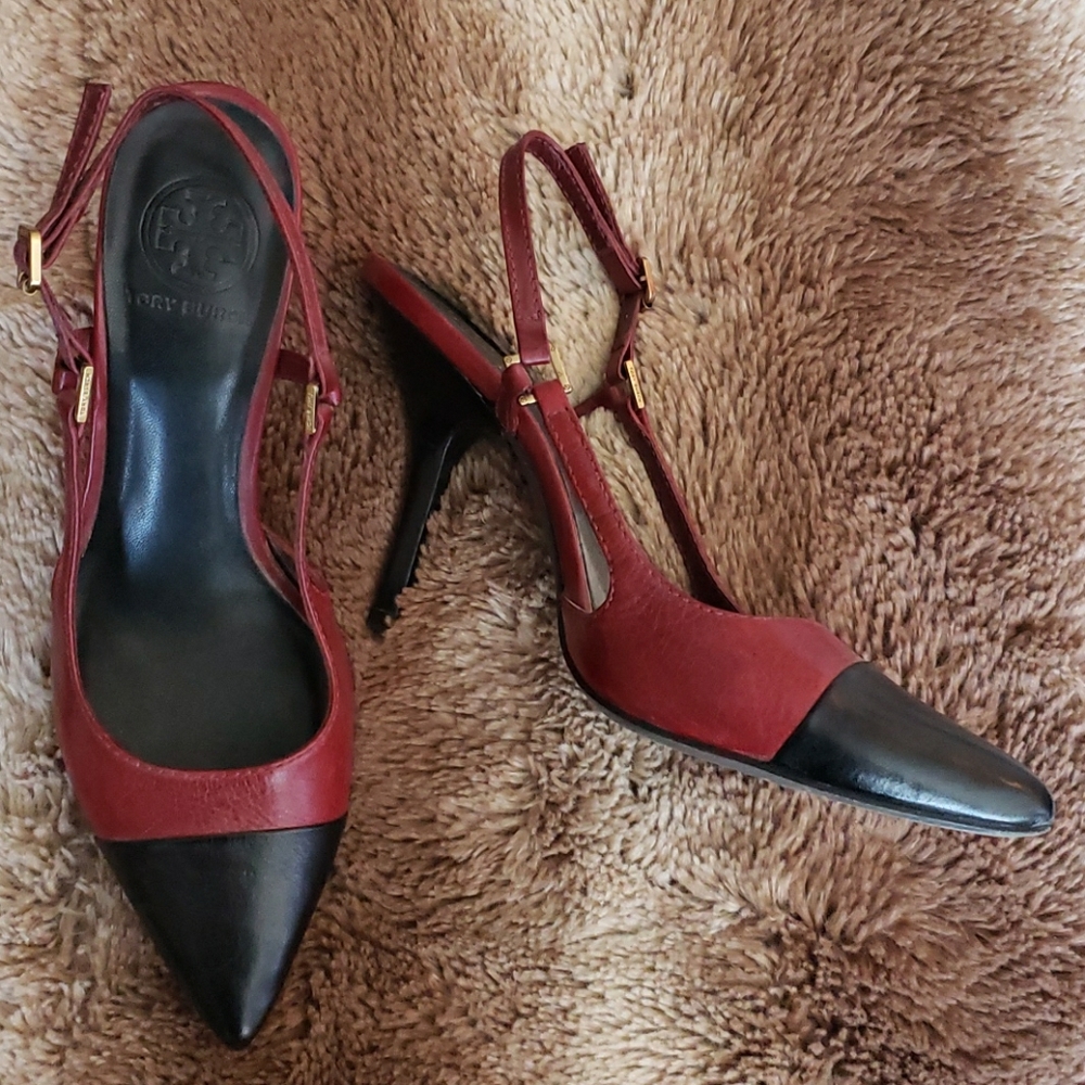 Tory Burch Pointed-Toe Slingback Cap Toe Pump